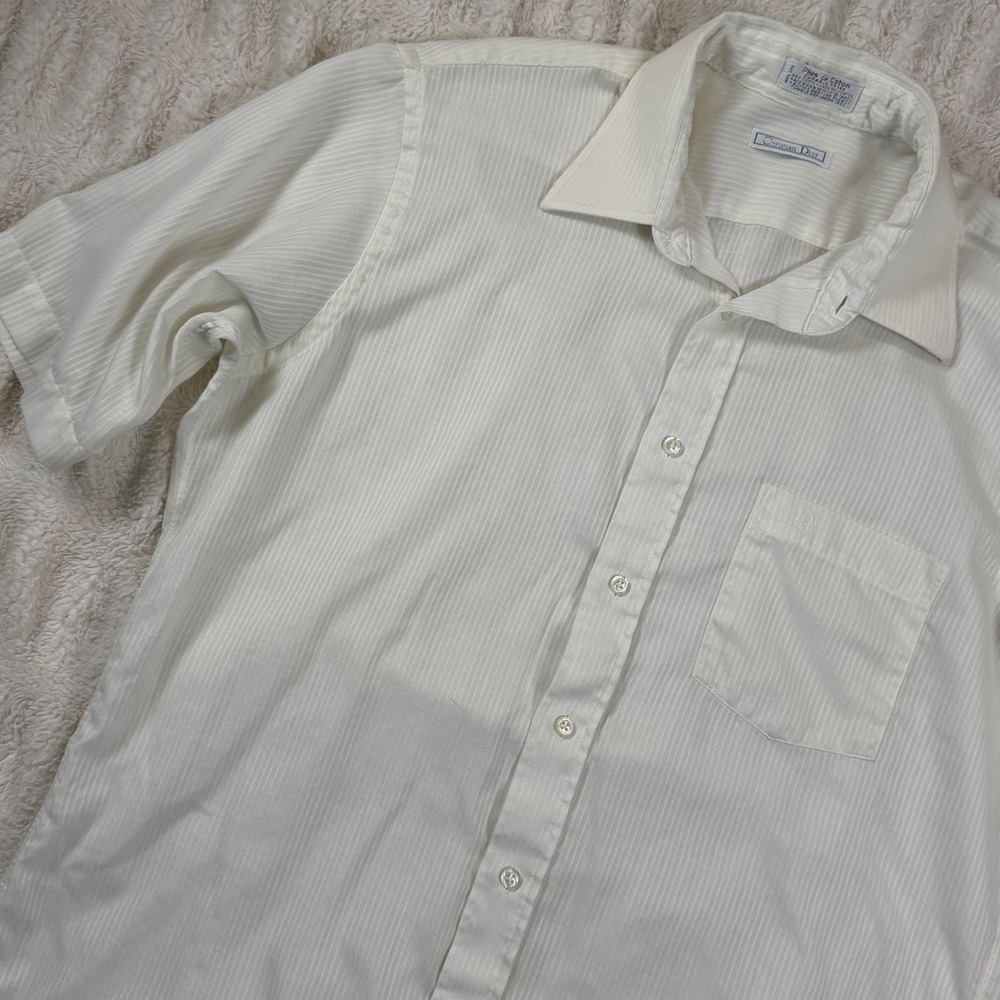 Christian Dior Mens Vintage White‎ Striped Short Sleeve Button Down Shirt Large